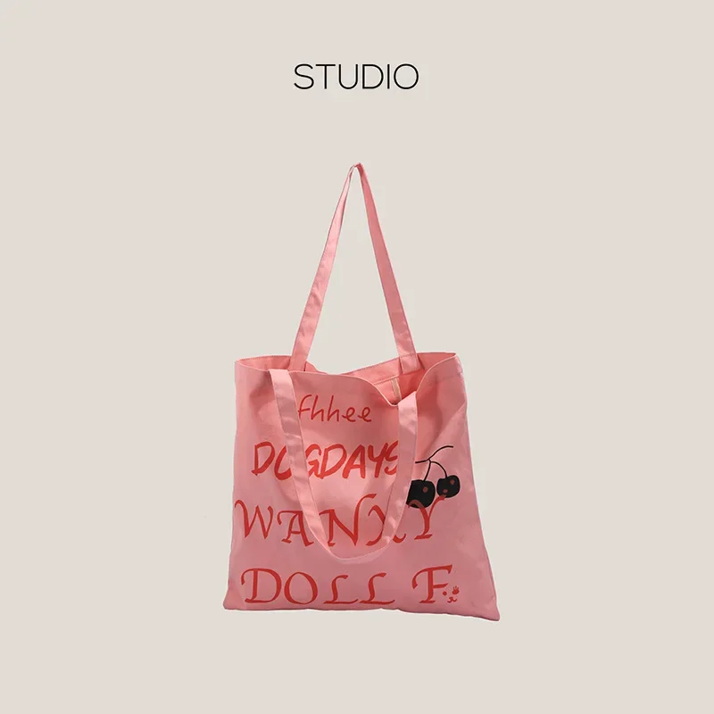 

Summer Korean Style Pink Canvas Eco Shopping Tote Valentine's Gift Bag for Women Black Cherry English Letter Simple Minimalism