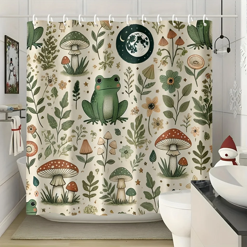 2D Flat, 2D Flat, A Vintage Forest-Style Shower Curtain Featuring 2D Printed Designs, Prominently Displaying a Green Frog And Re