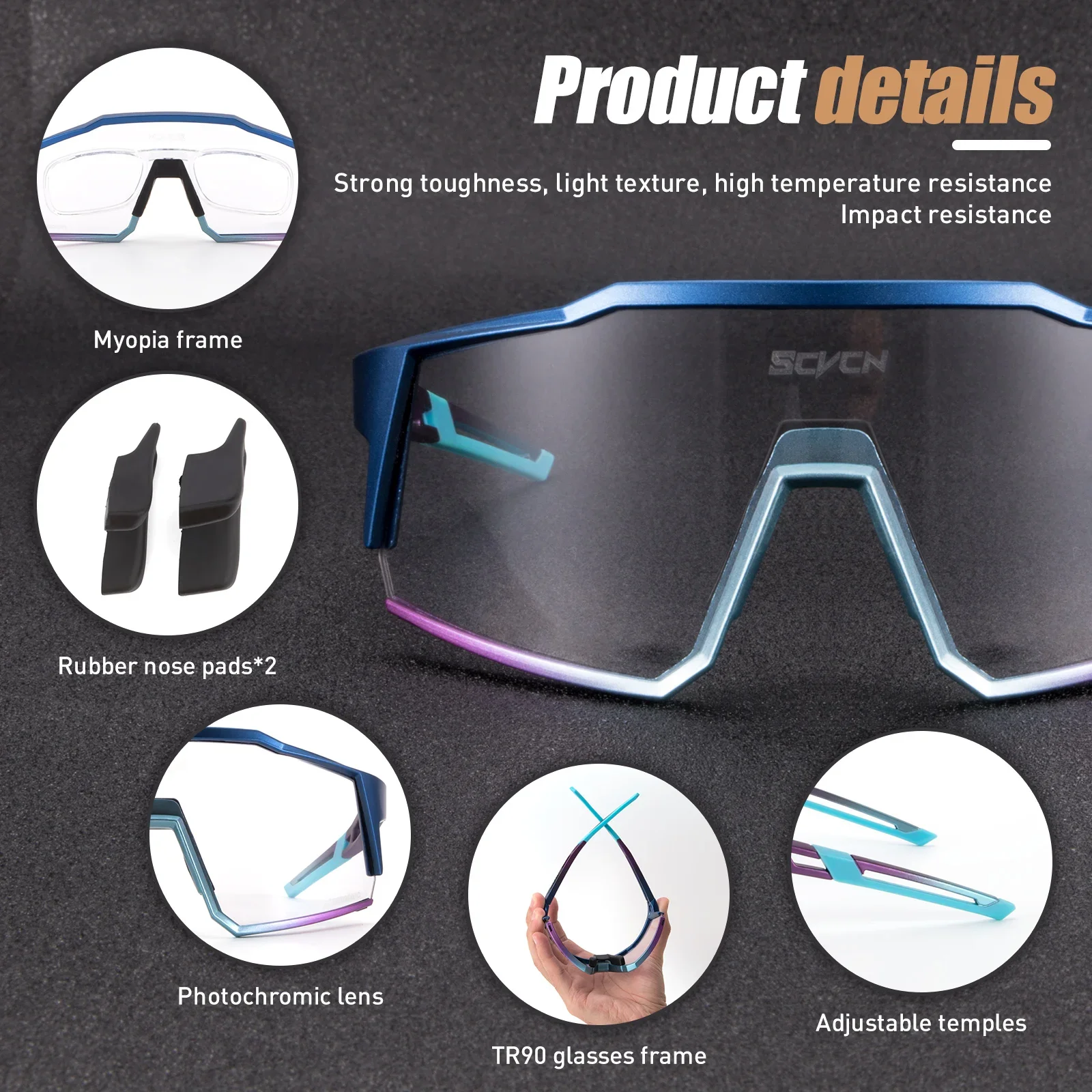 SCVCN Photochromic Glasses Outdoor Sports Men Women Cycling Sunglasses Road MTB Windproof Safety Eyewear Bike Bicycle Goggles