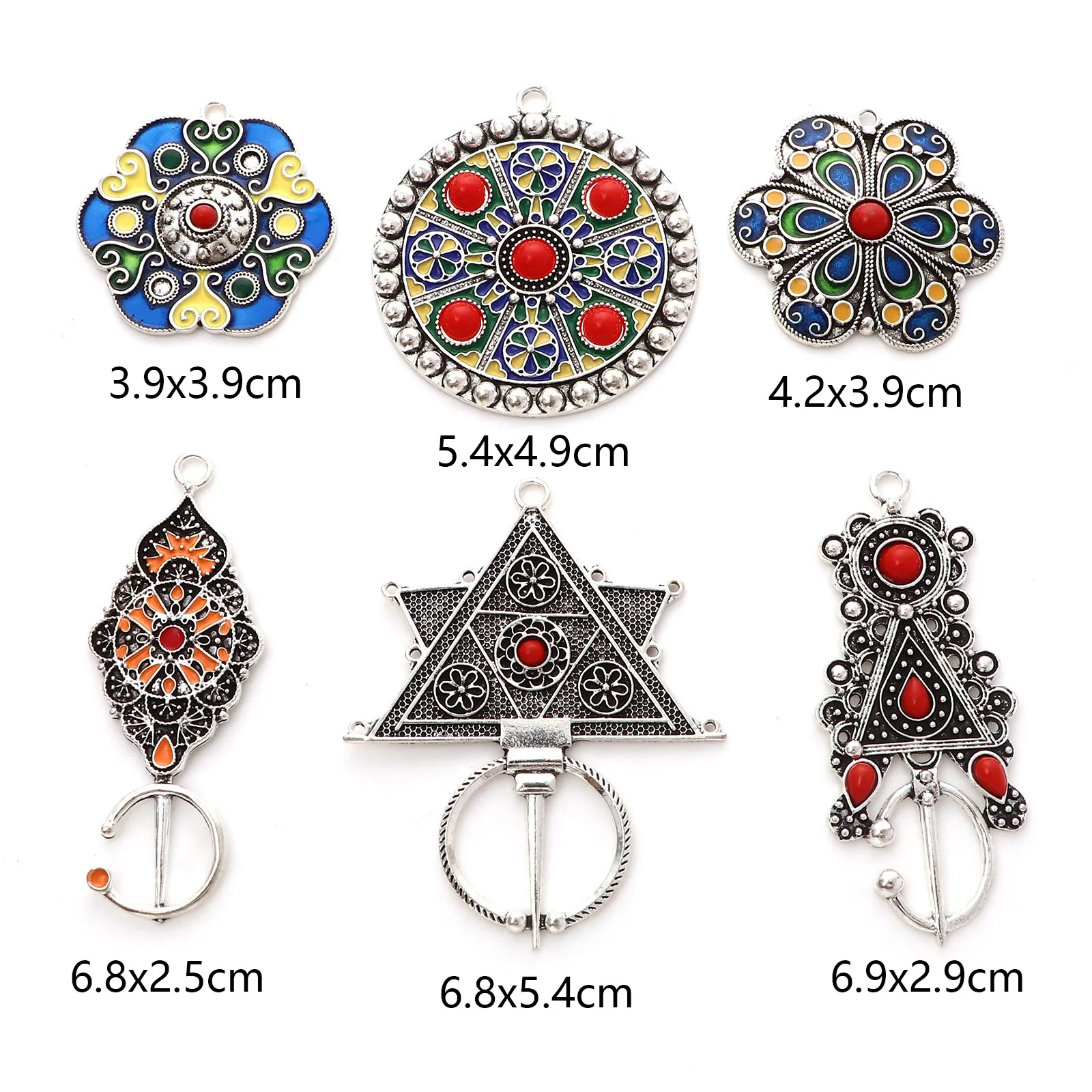 2PCs Bohemian Ethnic Pendants Antique Silver Color Multicolor Enamel Flower Round Charms DIY Making Necklace Earrings Jewelry