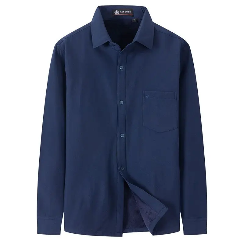 men fleece lined solid shirt lapel long sleeve single breasted casual shirt with chest pocket