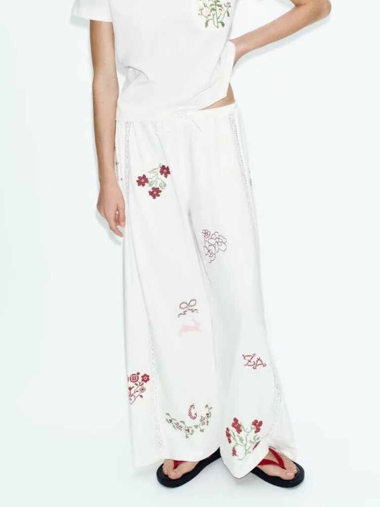 Spring Summer New Women's Casual Straight Leg Adjustable Waist Long Pants Cotton Blend Comfortable Plant Floral Embroidery
