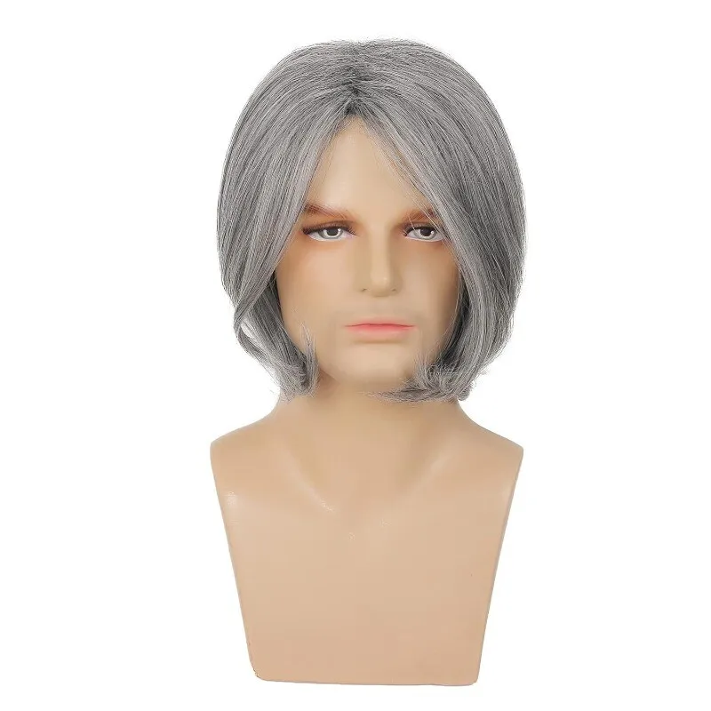 

Men's Daily Wear Curly Hair Full Wig Short Dark Grey Men Wig+Wig Cap