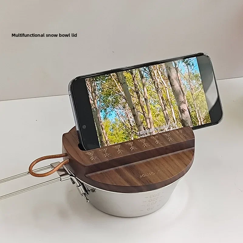 Outdoor Shera Bowl Lid,Sealed Pot Lid with Phone Holder,Camping Thickened Traditional Wooden Spill-proof Insulated Pot Lid