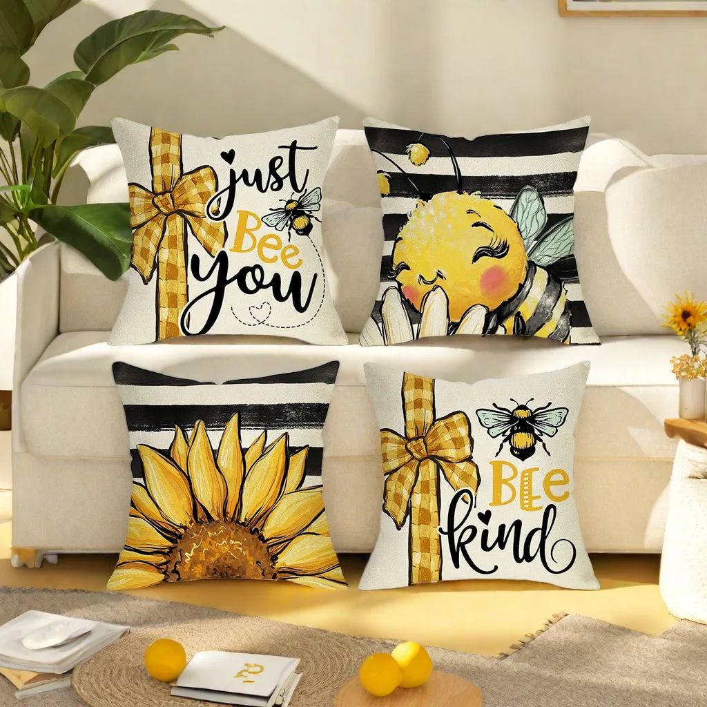 

Bee Pillow Case World Bee Day Cartoon Sofa Cushion Cute Style Linen Special Pillow Cover Cushions Home Decor 4 Pcs Set 45*45cm