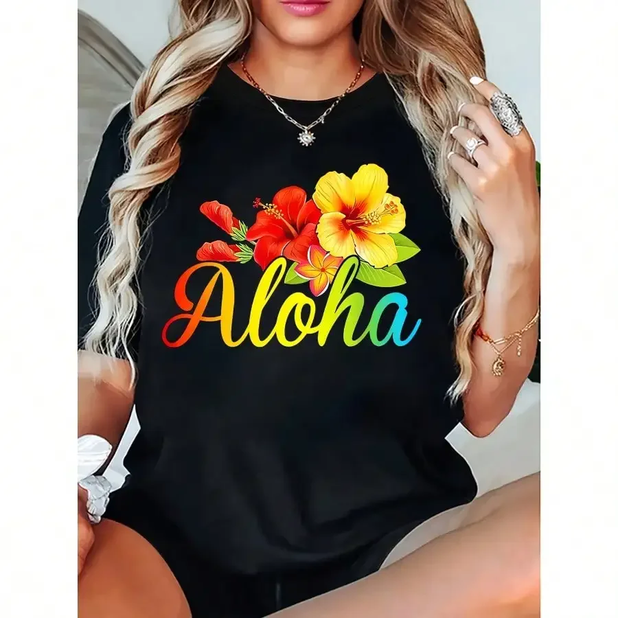 

Aloha Hawaiian Vacation Floral Pattern Printed Short-Sleeve Round-Neck T-Shirt