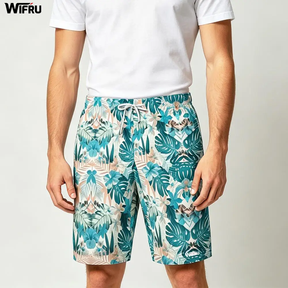 

WIFRU Men's Tropical Floral Print Beach Shorts Quick Dry Drawstring Summer Swim Trunks Hawaiian Vacation Casual Board Shorts