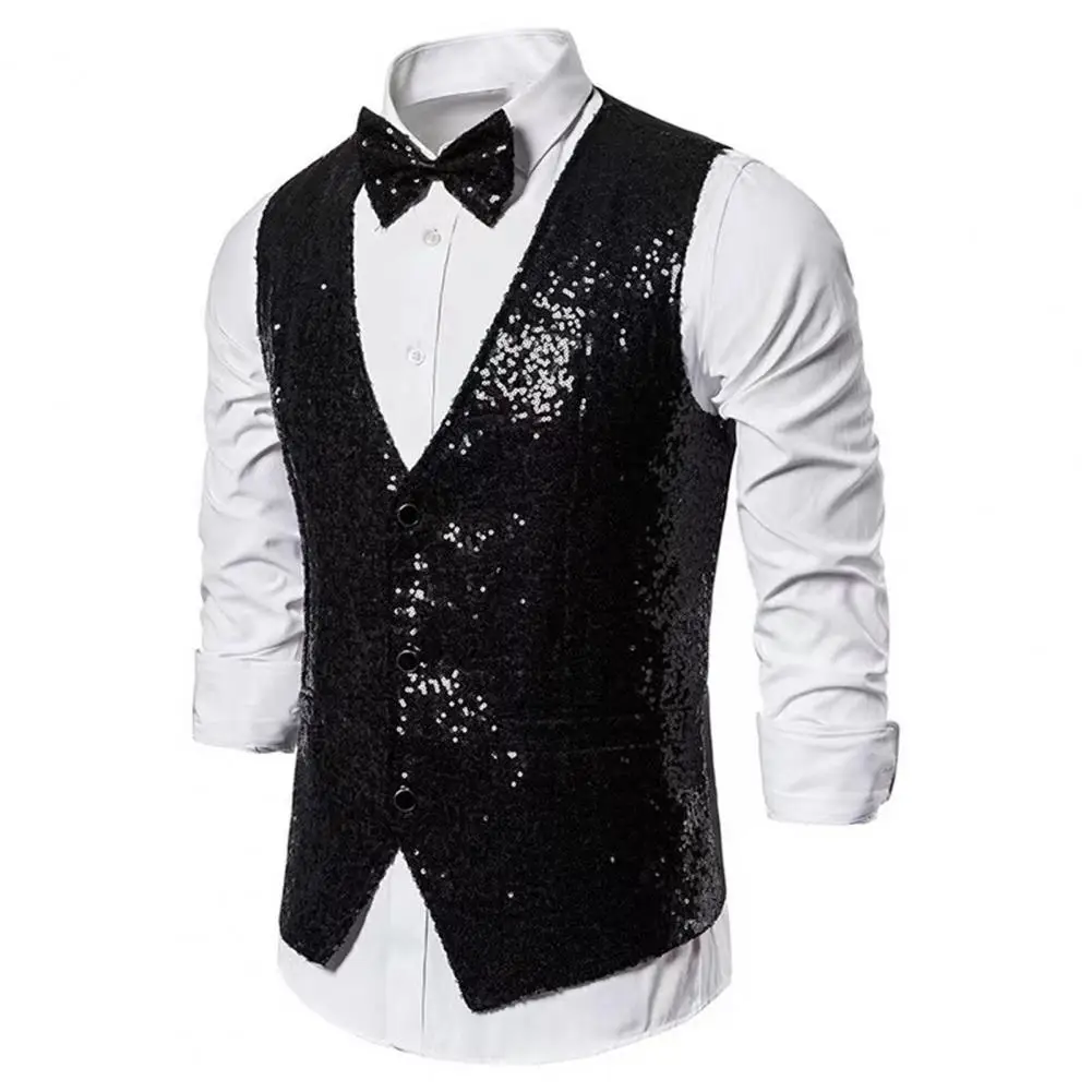 Chaleco de lentejuelas para hombre, chaqueta brillante ajustada sin mangas, chaleco para fiesta y boda, traje, chaleco para hombre puesta en escena, chaleco con lentejuelas