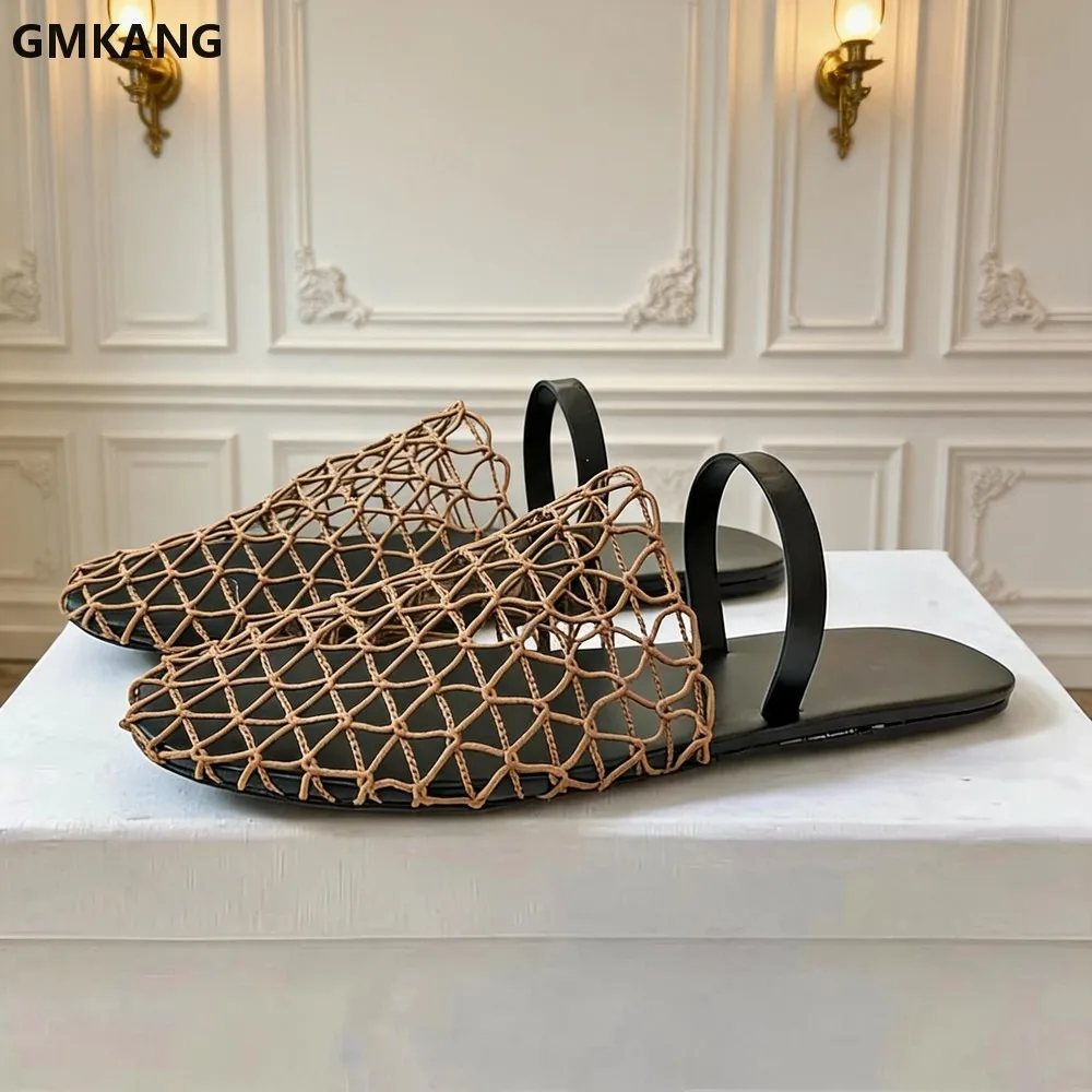Women's Braided Mesh Hollow Out Flat Slippers Summer Mules Round Toe Casual Slides Breathable Soft Sole Comfortable Beach