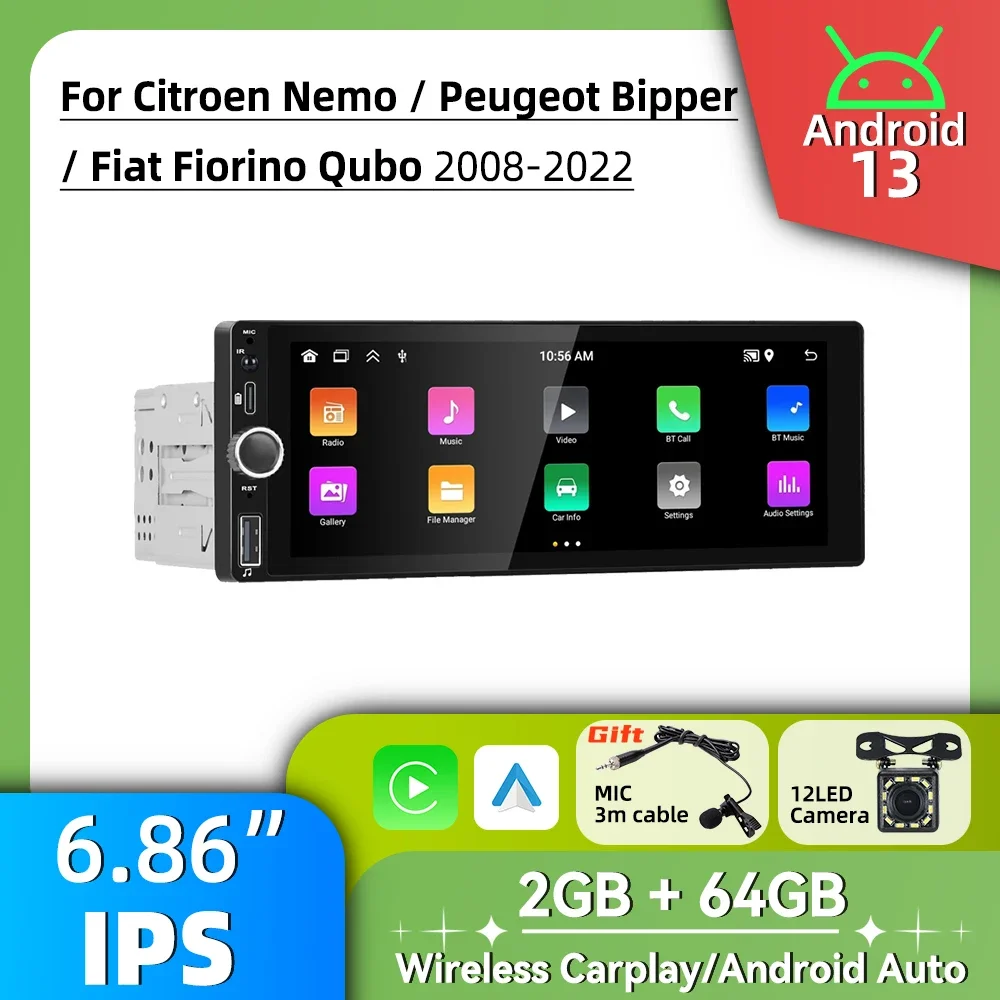 

6.86" Stereo for Citroen Nemo Peugeot Bipper Fiat Fiorino Qubo 2008-2022 Carplay Android Auto Android Car Multimedia 1 Din Radio