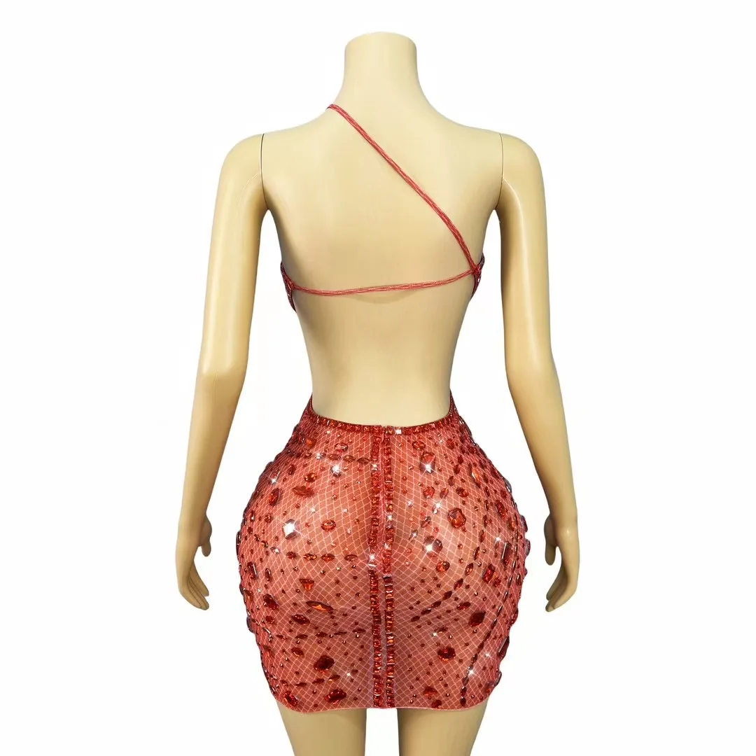 Vestido Sexy Sensual para mujer, vestido ceñido con tachuelas de cristal recortado, Mini vestido transparente para discoteca de noche, ropa de dormir, disfraces de Showgirl