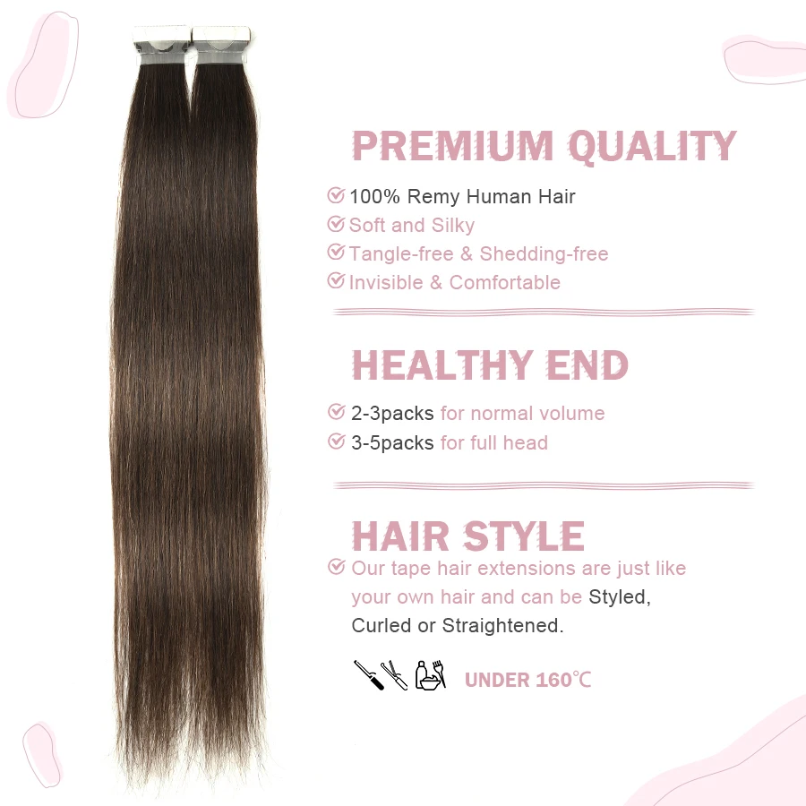 K.S WIGS-Extensions de Cheveux Humains en Peau PU, Vrais Cheveux Humains, Double Couture, Bande d\'Extrémité Invisible Légère