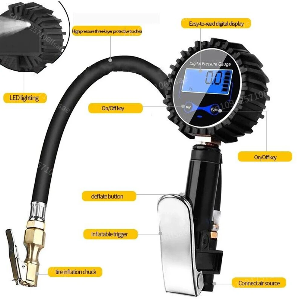 Car Tire Inflator Air Line Clip-on Tyre Pump Digital Tire Pressure Inflator Gauge High Precision for Motorcycle Bicycle Auto