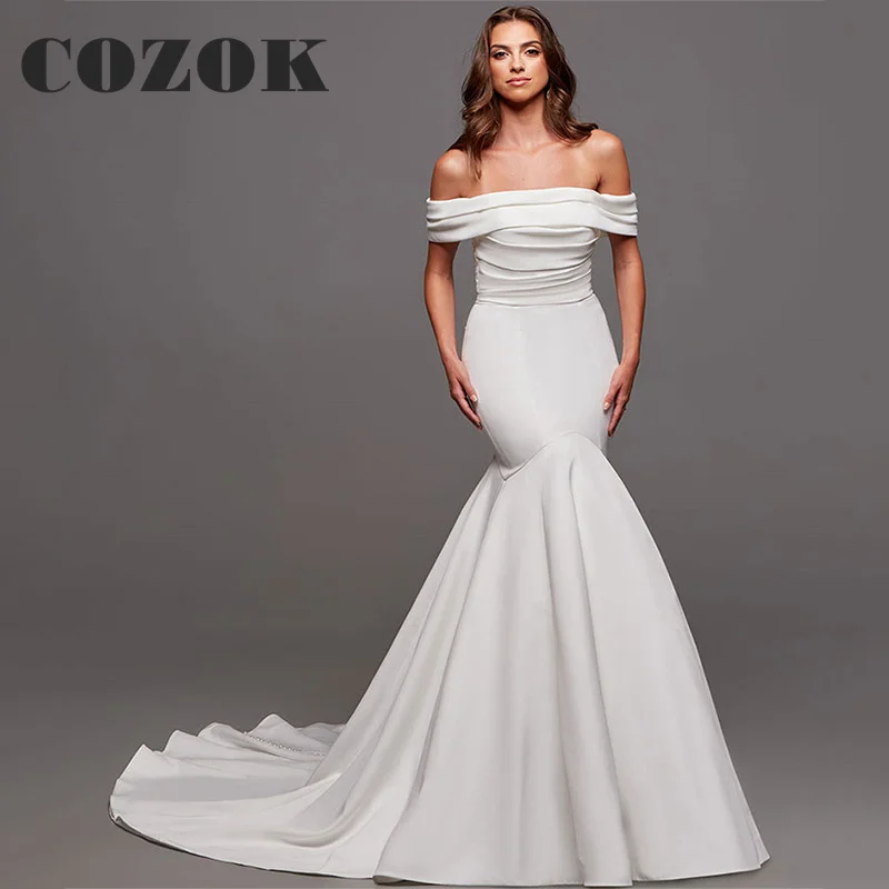 Long Off Shoulder Mermaid Wedding Dress 2023 New Satin Pleated Sweep Train Bridal Gown Vestidos De Novia Custom XC06