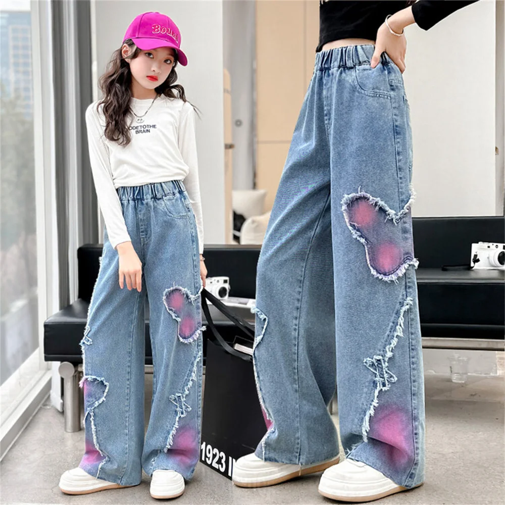 

Fashionable Girls' Jeans Children's Jeans Kid's Butterfly Fleece Wide Leg Pants Girls' Dad Pants Casual Pants