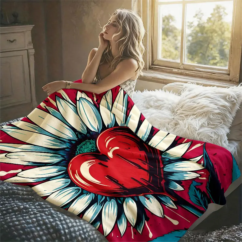 Daisy Heart Drip Red Flannel Blanket Perfect for Sofa Office Bed Travel Sleep Read Relax Camping Four Season Use