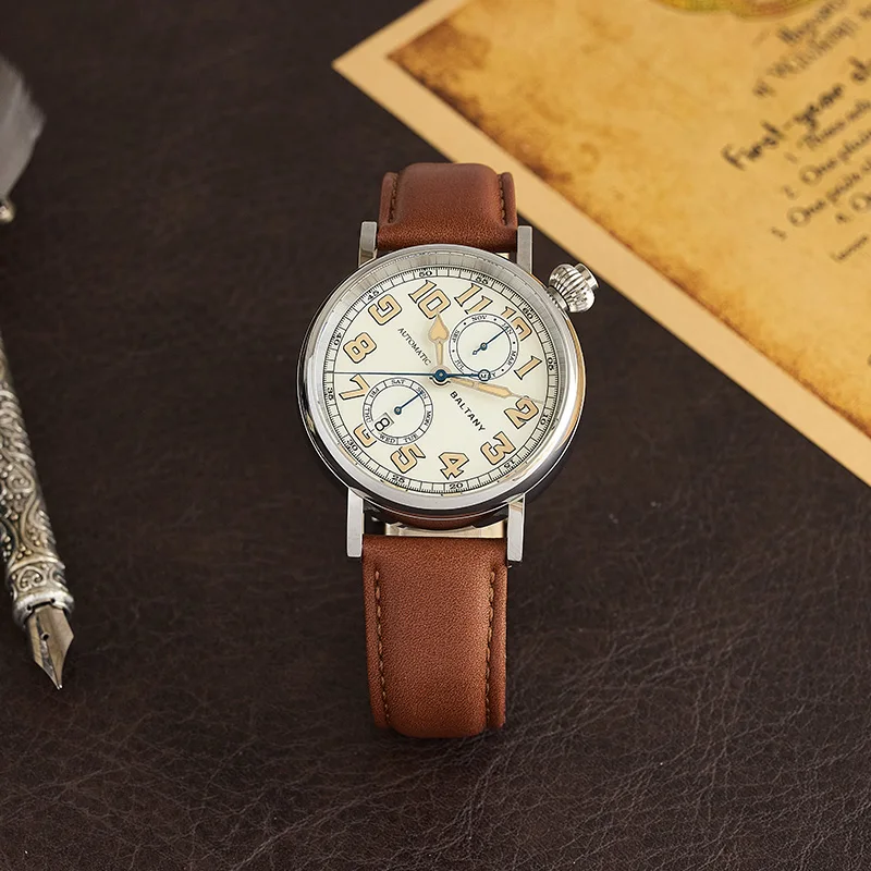 Type A7 1935 Avigating Homage Polit Watch S6047 Cockeyed Dial Complete Calendar 9122 Automatic 2024 Latest Vintage Wristwatch