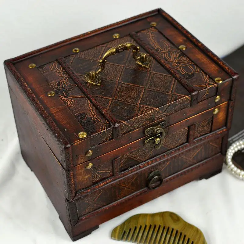 Antique Style Wooden Jewelry Box with Mirror Storage Organizer Vintage Rustic Chinese Multi-Purpose Treasure Box Mestercock