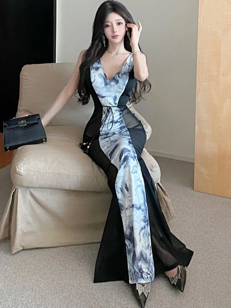Women Print Mesh Patchwork Sheer Sexy Sling Long Dress 2025 Korean Vintage Luxury Evening Dress Summer Elegant Bodycon Vestidos