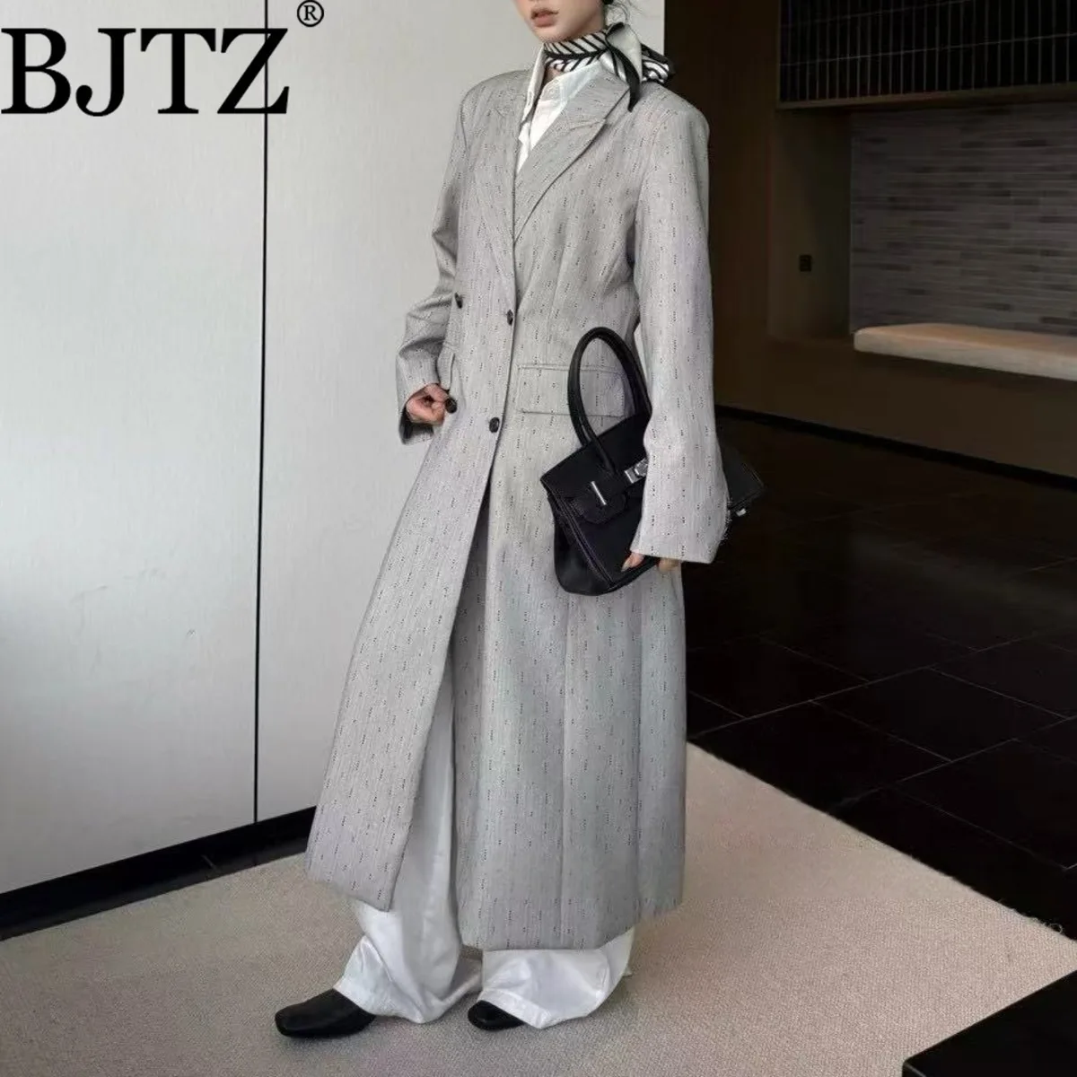 

BJTZ Niche Designer Striped Mid-length Blazer Jacket For Woman Temperament Loose Fit Notched Fashion Female Outwear