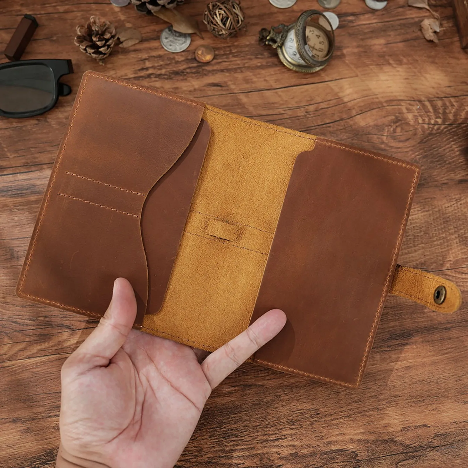 Leather Journal Cover Handmade Refillable Travel Notebook with Passport Pocket & Card Holder for Field Notes 3.5" x 5.5" Diary