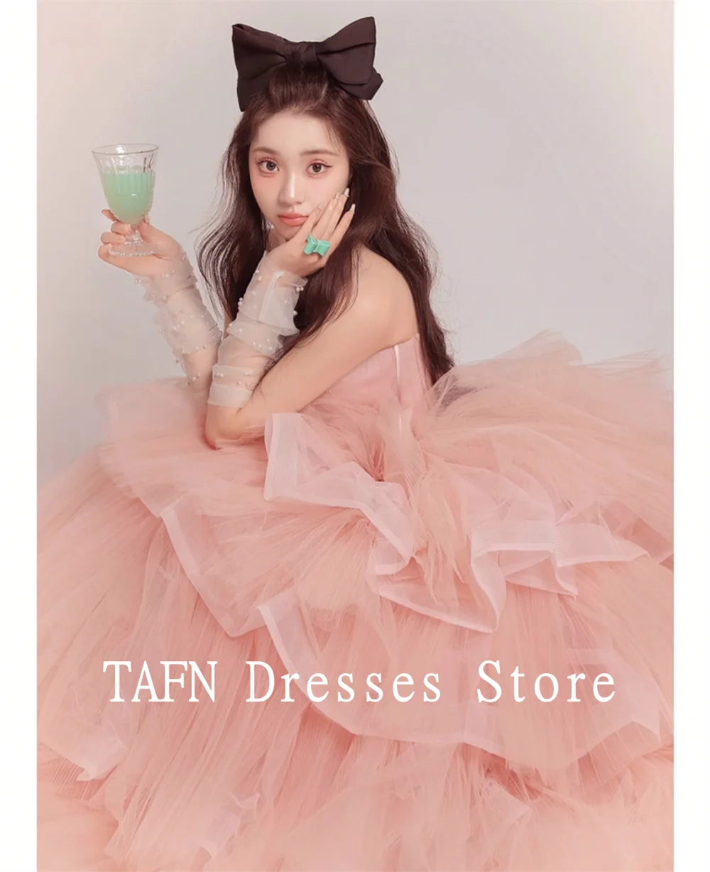 TAFN Princess Pink Photo Shooting Dresses Custom Made Sweetheart Collar Strapless Tiered Tulle A-line Ball Gown for Birthday