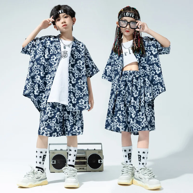 Kid Vintage Hip Hop Clothing Blue Short Sleeve Floral Print Shirt Casual Summer Shorts for Girl Boy Jazz Dance Costume Clothes