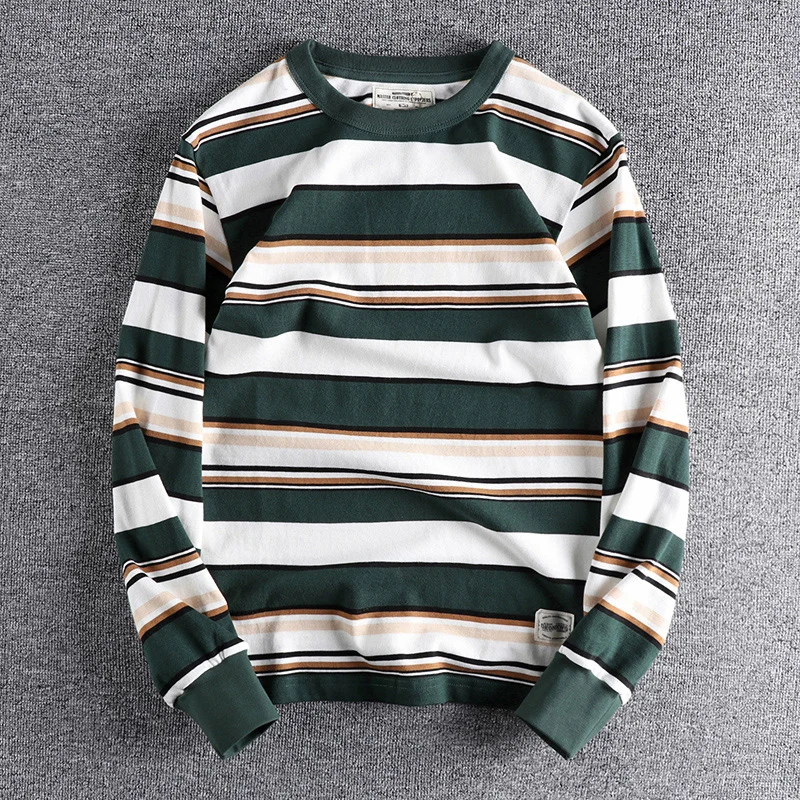 1205# Autumn New Japanese Retro Heavyweight 280g Long-sleeved Striped T-shirt Men's Fashion 100% Cotton Washed Loose Casual Tops