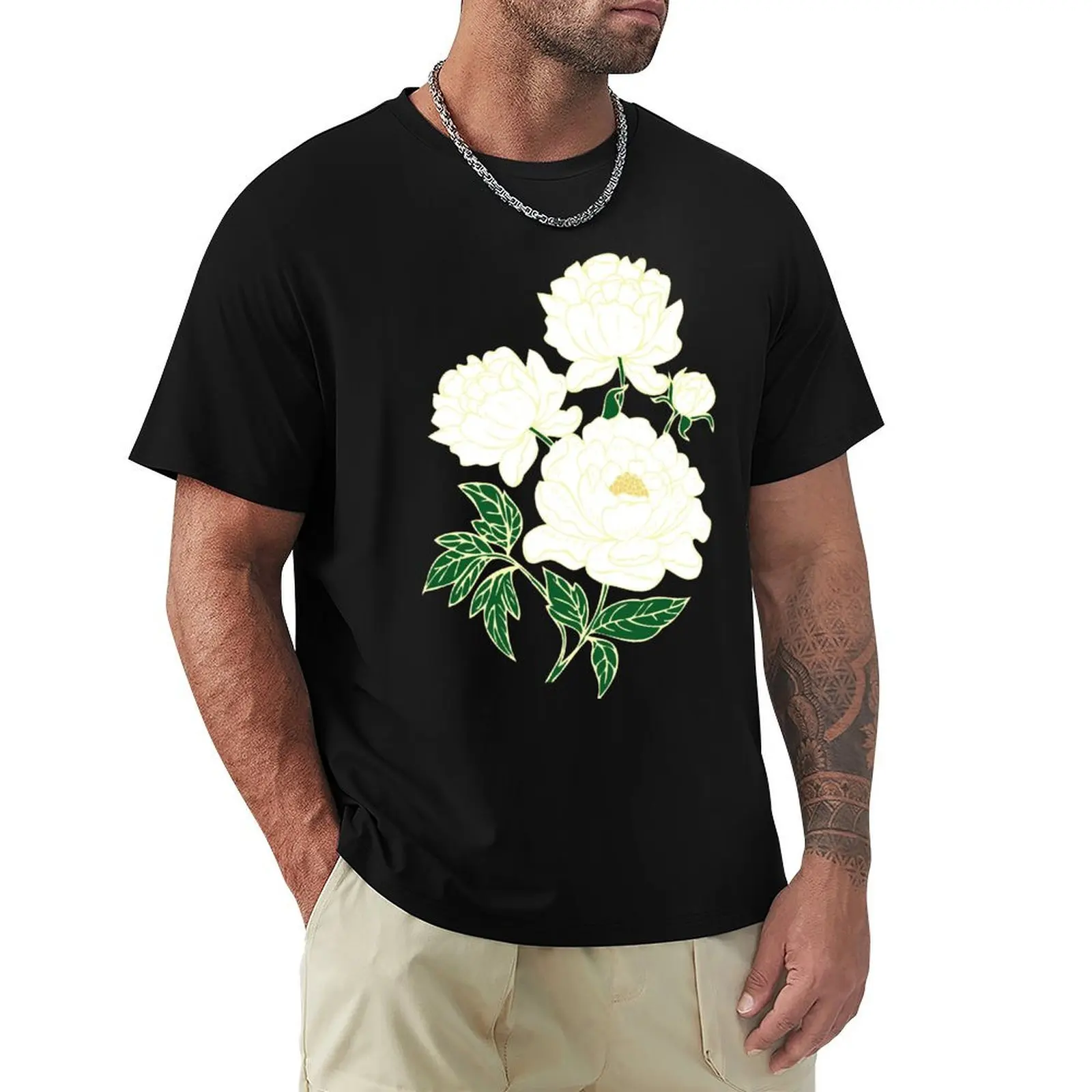 White Peonies T-Shirt Classic Crew Neck Cotton T-Shirt