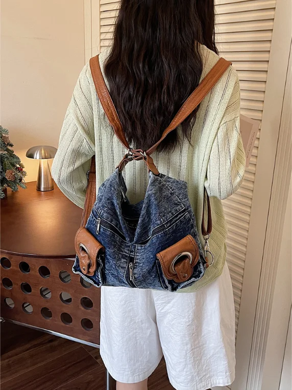 Women Fashion Denim Backpack Large Capacity Vintage Design Handbag Lady Soft Shoulder Bag Korean Beach Travel Backpacks Trend 배낭