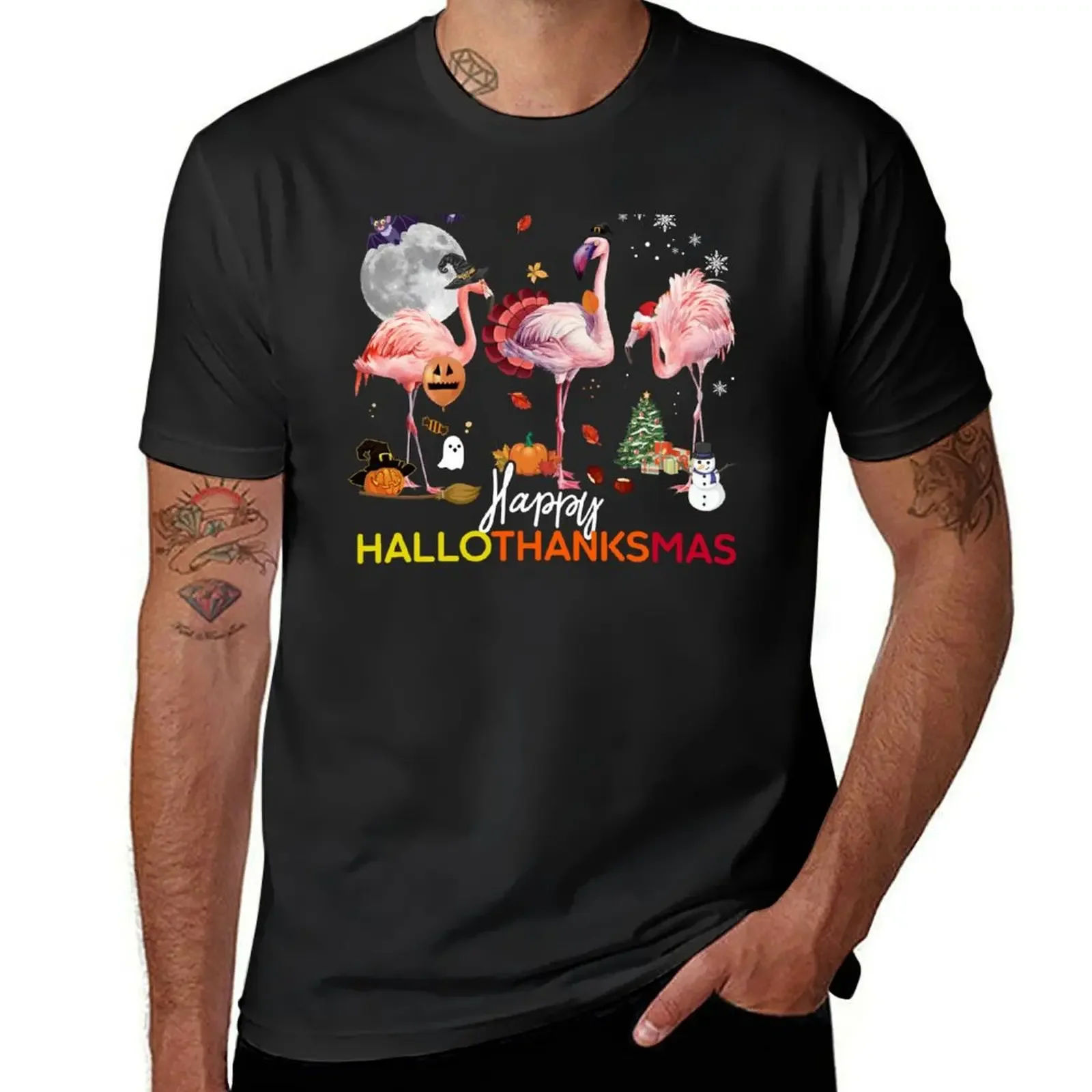 

Flamingo Happy Thanksmas Hallothanksmas T-Shirt anime tshirt Luxury man summer clothes Funny t-shirts men workout shirt