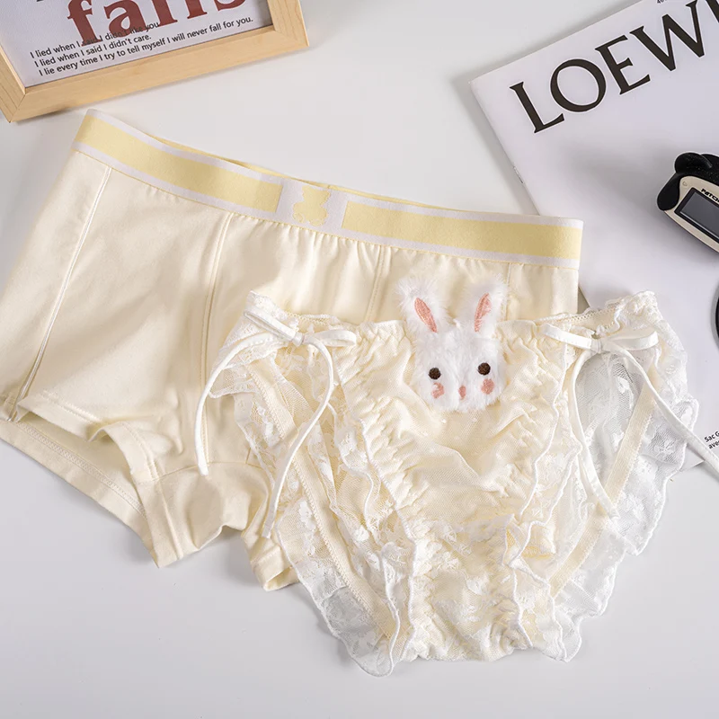 Cream Rabbit Lolita Couple Underwear Pure Cotton Cute Men And Women Lace Up Panties Couple Sexy And Sweet Briefs