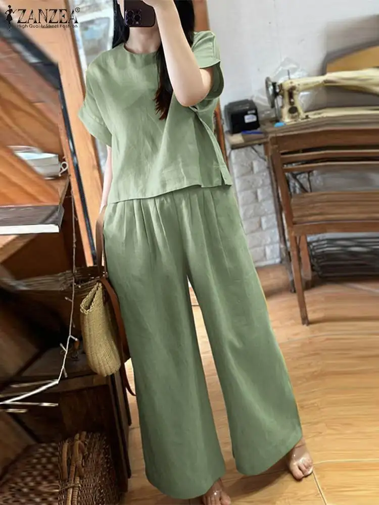 

2024 Short Sleeve Blouse Wide Leg Pant Sets ZANZEA Fashion 2pcs Tracksuit Women Matching Sets Summer Casual Loose Suits Outfits