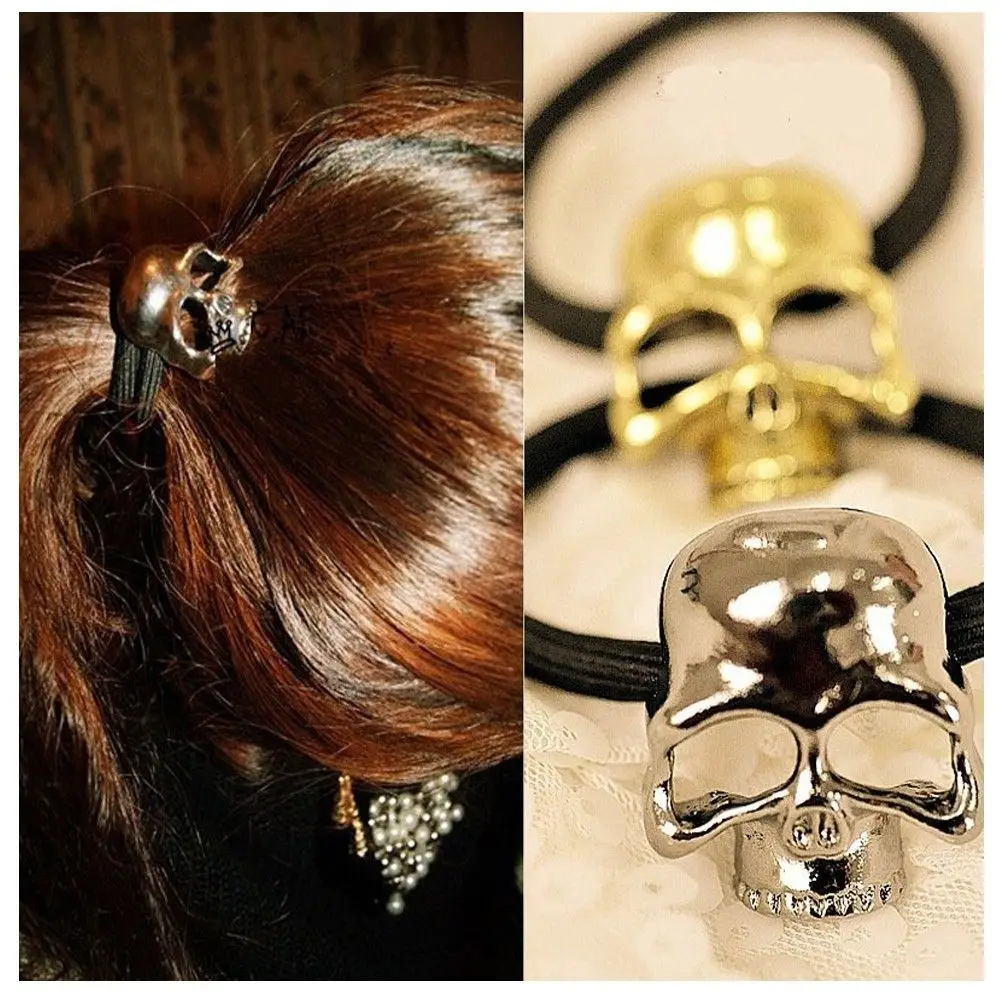 1Pcs Ponytail Rope Vintage Punk Elastic Hair Rope Metal Skull Hairband Women