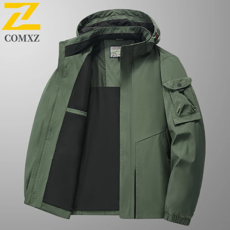 COMXZ Premium Mens Jacket Outdoor Mountaineering Windproof Coat Loose Hooded Camping Wind Resistant Spring Autumn Windbreaker