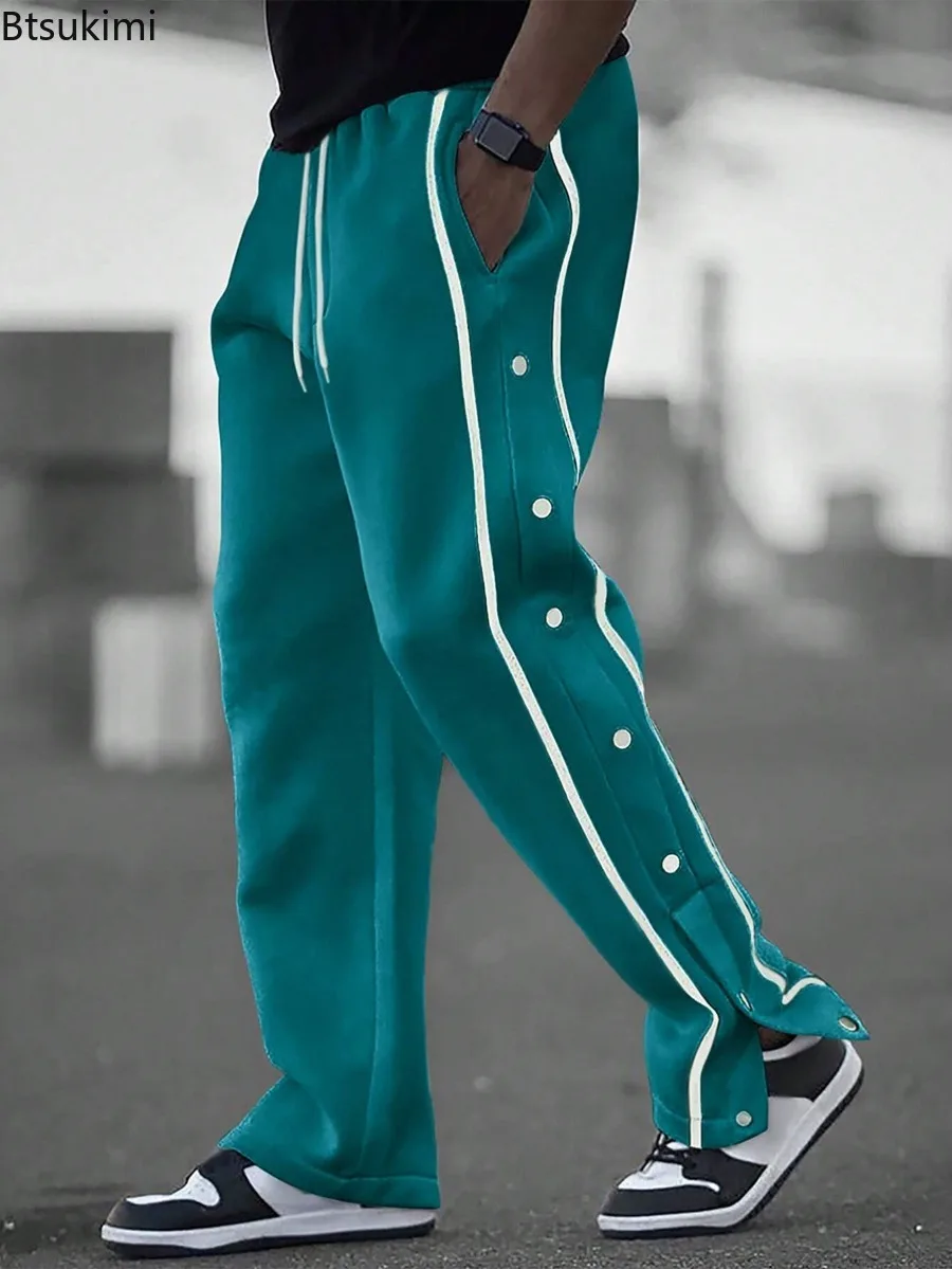 2025 Casual Streetwear Men's Trendy Side Breasted Design Baggy Pants Spring Autumn New Men's Straight Leg Drawstring Sweatpants