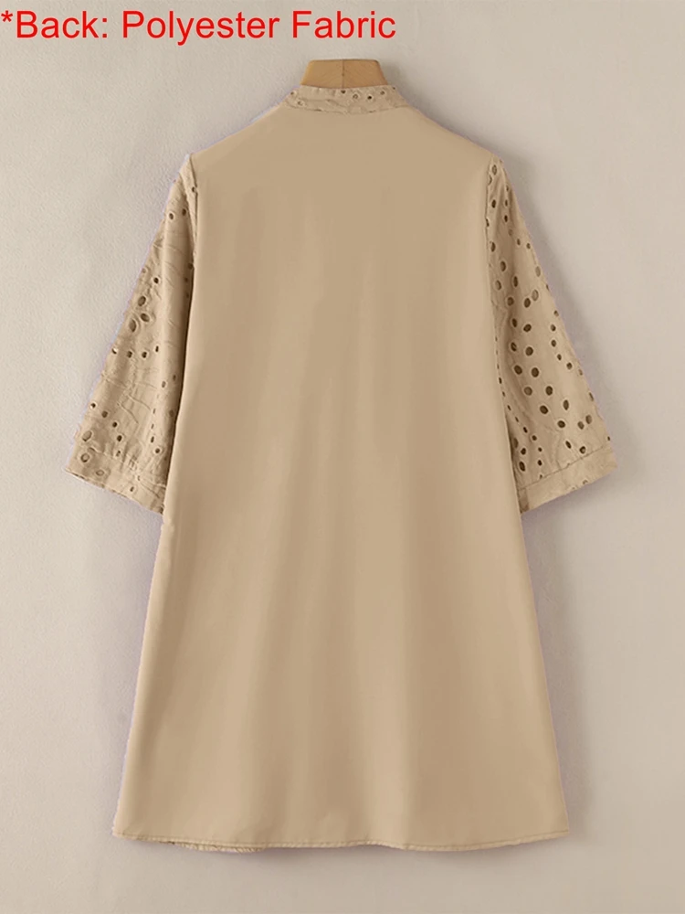 ZANZEA-Robe courte brodée évidée pour femme, robe patchwork, dentelle éducative, longueur au genou, manches 3/4, mode décontractée, vacances