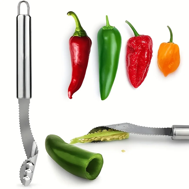1PC Pepper Seed Remover, Multifunctional Serrated Stainless Steel Corer for Chili Green Pepper Bitter Melon, Kitchen Gadget