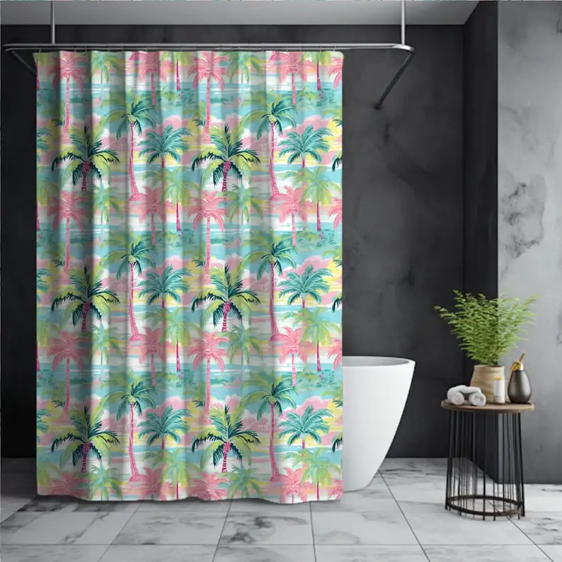 

Занавеска для душа в стиле преппи с пальмовым деревом — тропический узбережь, уникальный декор для пляжной ванной комнаты