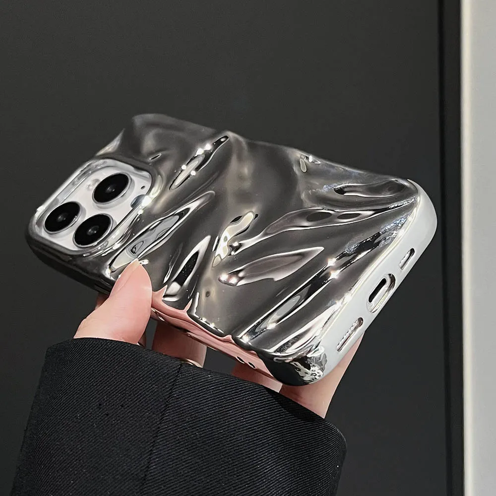 الفاخرة بالكهرباء فضي ثلاثية الأبعاد التجاعيد جراب هاتف آيفون 17 16 15 14 13 11 12 برو ماكس 17 الهواء الأرجواني تموج الماء غطاء ناعم