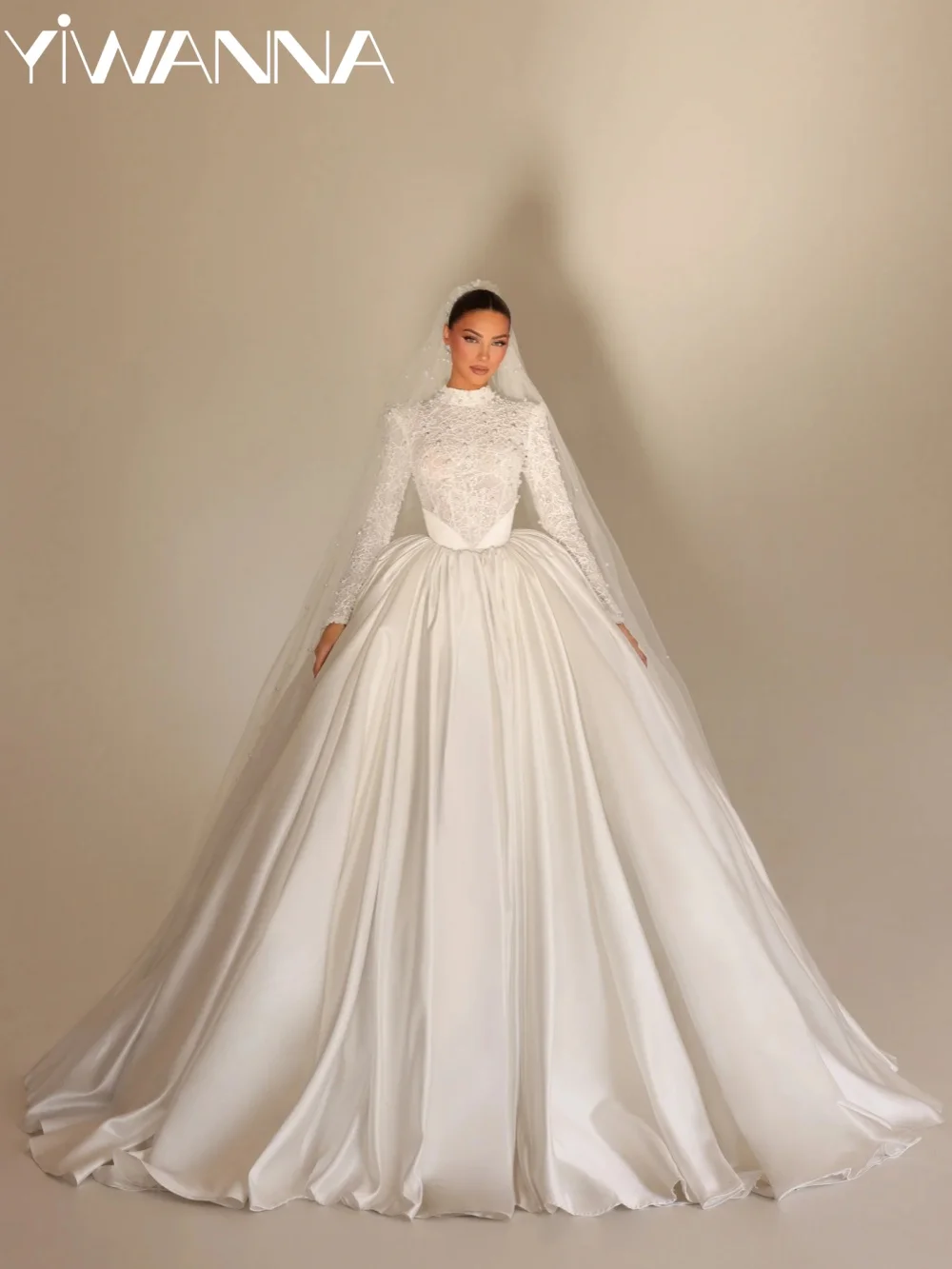 

Exquisite Pearls Lace Wedding Dress Modest High Collar Long Sleeve Bridal Gown Customized Dreamy Elegant Dresses For Bride