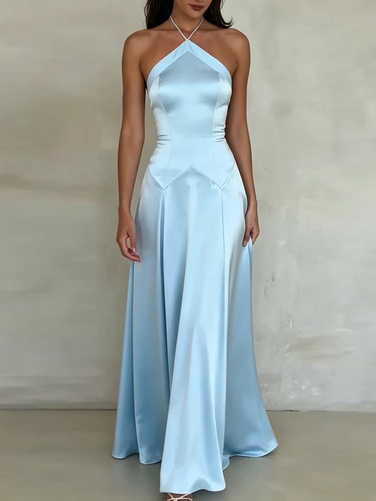 Satin Off-Shoulder Hochgeschnittenes Formelles Kleid Lässiges Neckholder-Kleid mit Ausschnitten Schlankes Hochzeitskleid Modisches Rückenfreies Sommer-Maxikleid