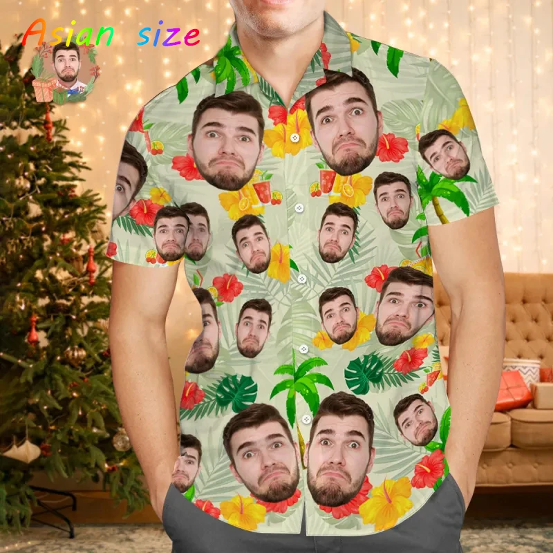 مخصص الوجه قميص هاواي صيفي للجنسين مضحك شخصية ثلاثية الأبعاد طباعة زر قمصان شجرة بلام قصيرة الأكمام التلبيب قمصان DIY البلوزات القمم