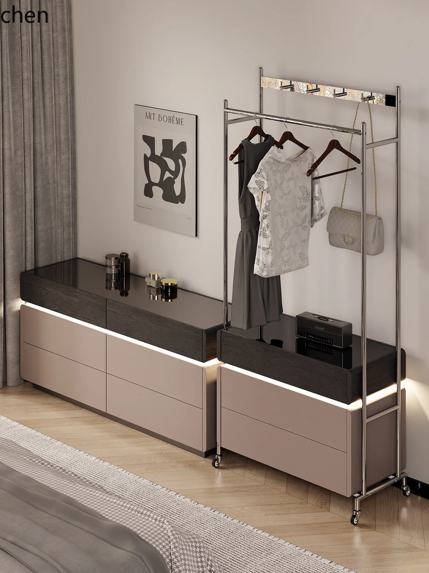 

YXY Solid Wood Movable Coat Rack and Chest of Drawers Integrated Bedside Bedroom Living Room Stainless Steel Clothes Rack