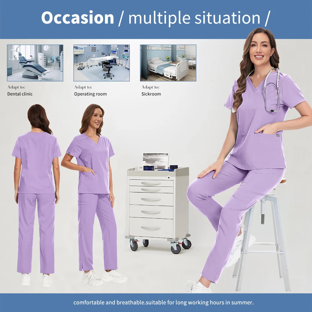 Niaahinn Spa Uniform Women Scrubs Suit Short Sleeved V-neck Surgical Nursing Set Multicolor Pet Grooming Doctor Medical Workwear