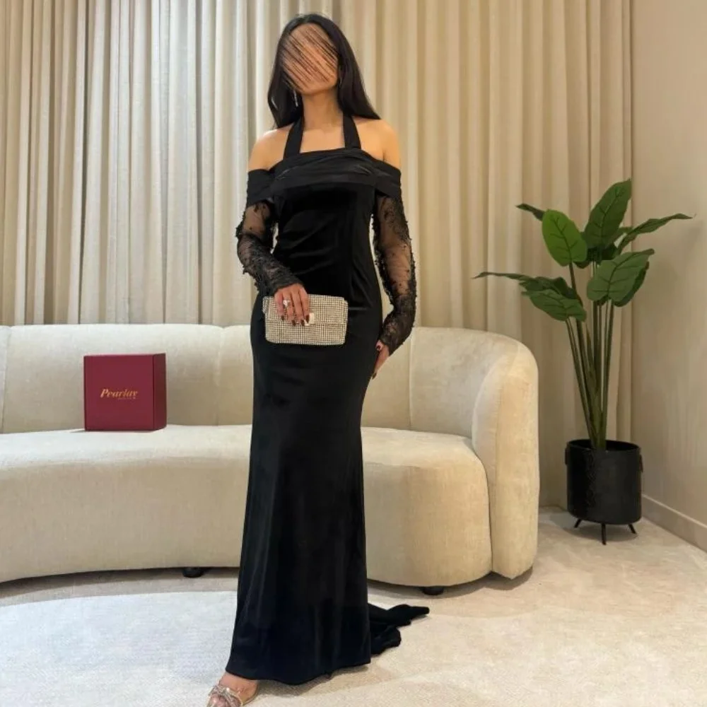 Preto sereia vestido de noite feminino halter beading formal vestido de gala personalizado mancha macia até o chão vestidos de casamento