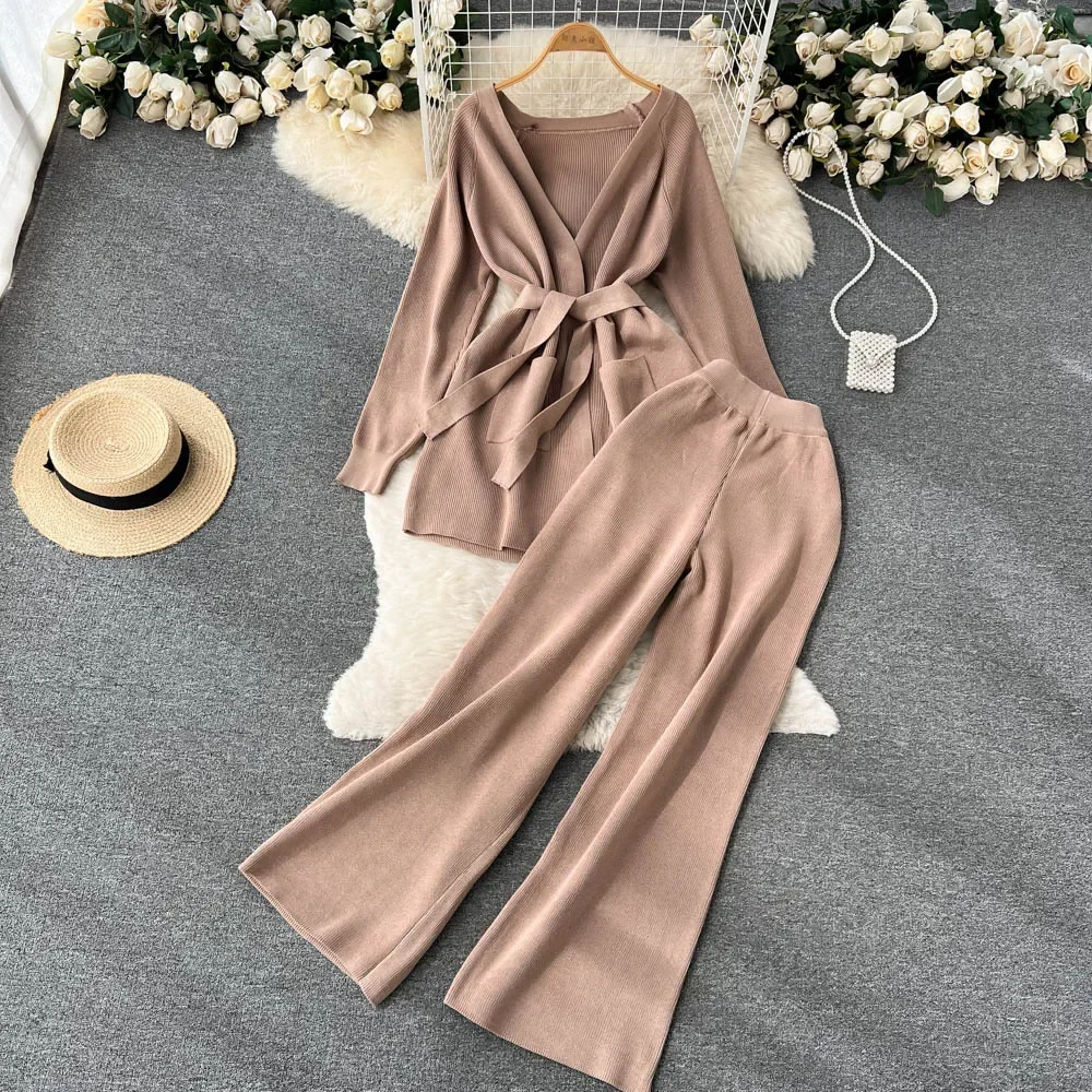 Chic Women Two-Piece Sets Slim V-neck Long Sleeve Bandage Top and High Waist Wide Leg Pants High Street Autumn Winter Clothing