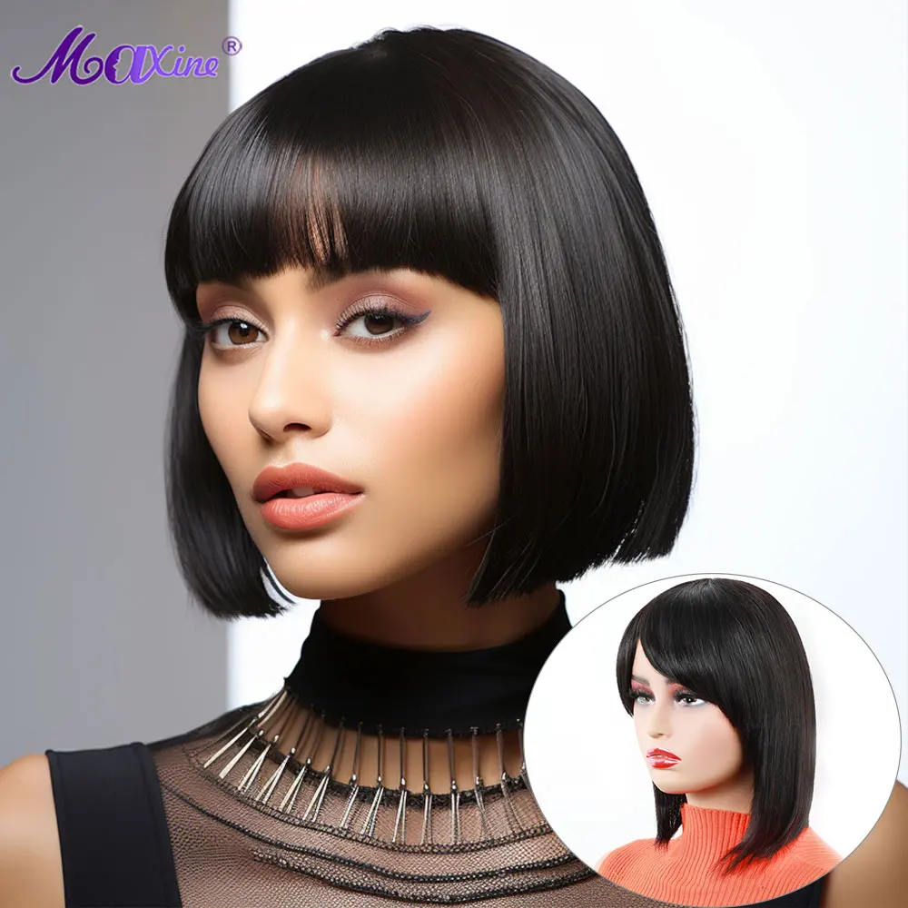 Straight Short Bob Human Hair Wigs For Women Natural Black Bob Hair Wigs With Bangs Daily Remy Human Hair Short Women Wigs