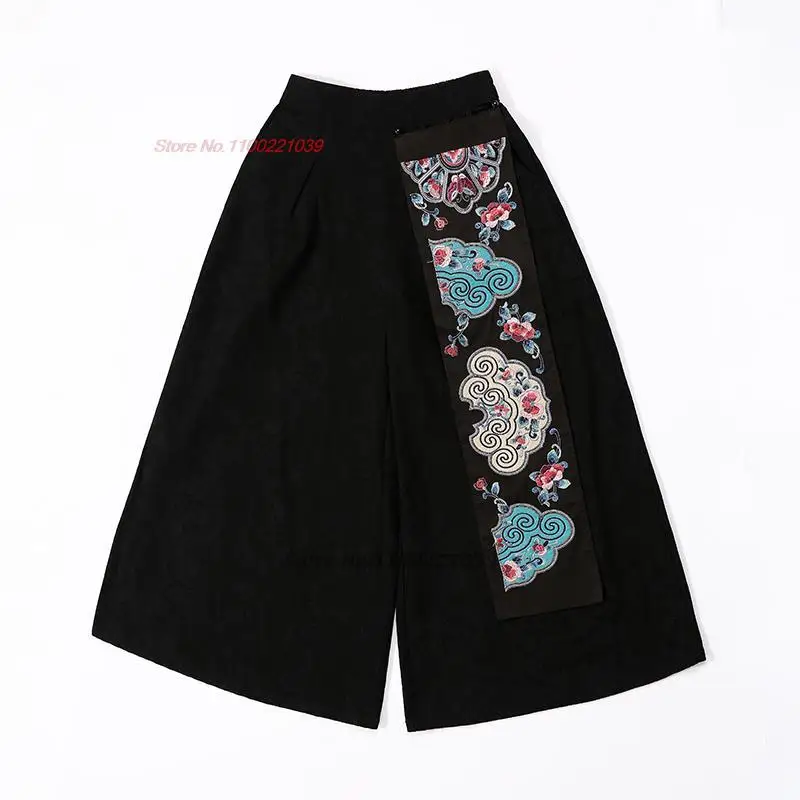 2025 chinese vintage trousers pantalones national harajuku women elastic waist wide-leg pants flower embroidery loose pants