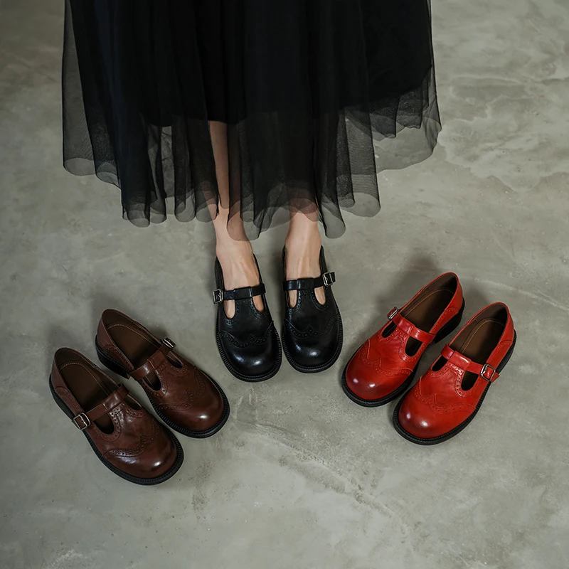 2026 new spring autumn women pumps natural leather 22-25cm cowhide+pigskin+sheepskin round toe t-buckle women shoes fashion
